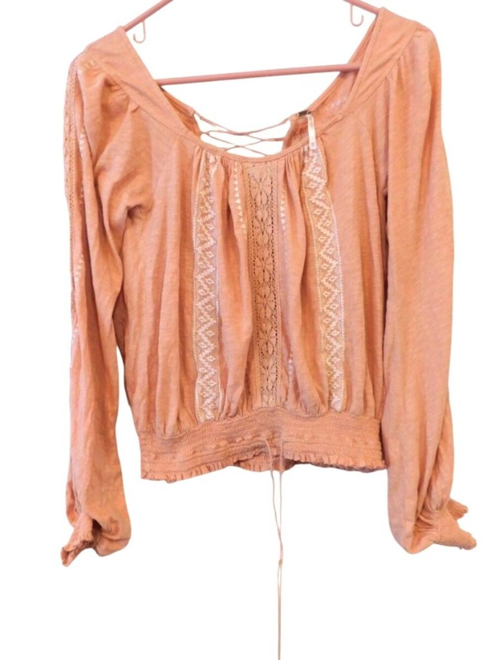 Free People Silver Lake Sz XS Peach Boho Lace Peasant Blouse Smocked Top Shirt